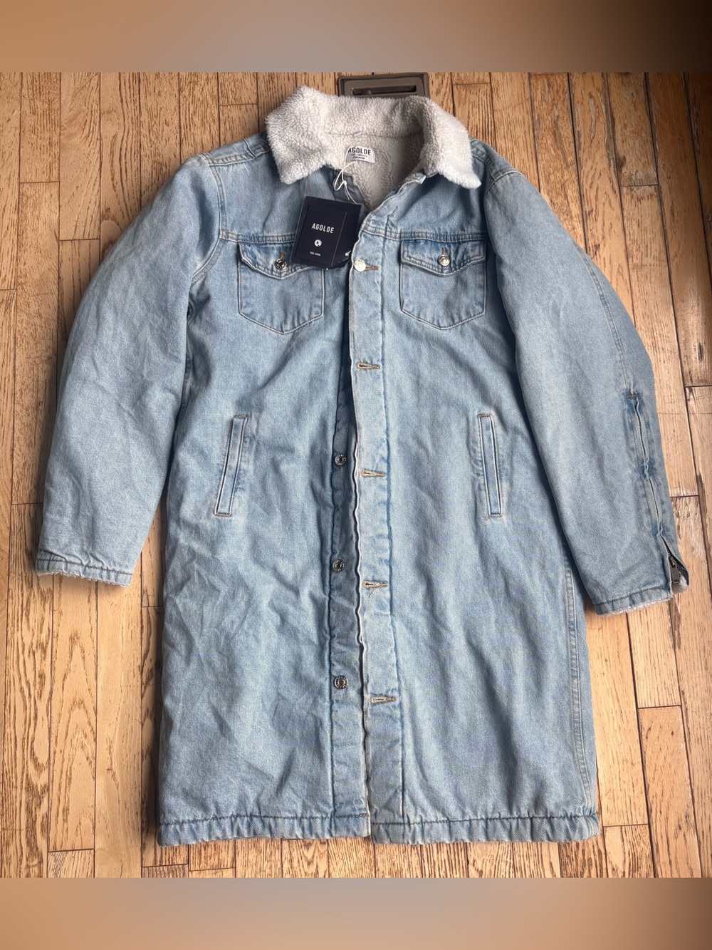 AGOLDE Long Sherpa Lined Premium Denim Jacket Duster Coat Light Wash Large NWT